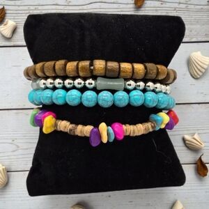 Boho Beaded Stacked Bracelets Set 4 Stretch Wooden Turquoise Silver Colorful NWT